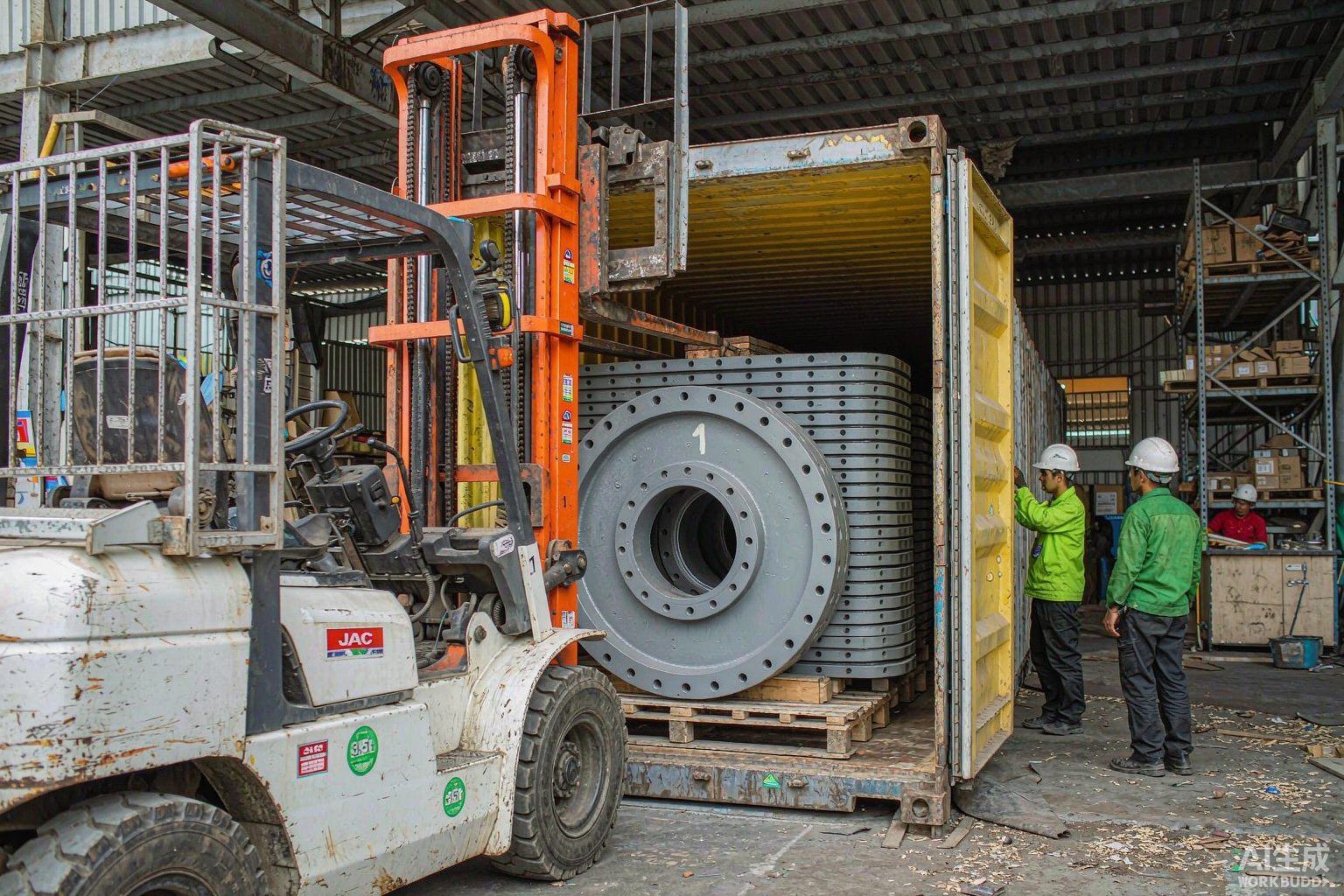 workshop forklift loading flanges into container